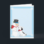 Tarjeta Festiva Fondo de Snowman<br><div class="desc">Un borde o cuadro con un muñeco de nieve y su perro en la esquina inferior izquierda. Personalizar de este producto con un nombre o mensaje que lo haga verdaderamente único</div>
