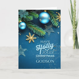Tarjeta Festiva for Godson Blue Holly Jolly Christmas Ornament