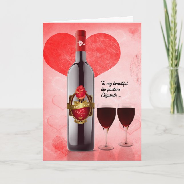 Tarjeta Festiva for Life Partner Wine and Hearts Valentine (Anverso)