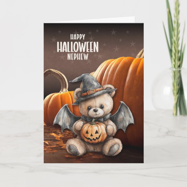 Tarjeta Festiva for Nephew Teddy Bear Witch and Wings Halloween (Anverso)