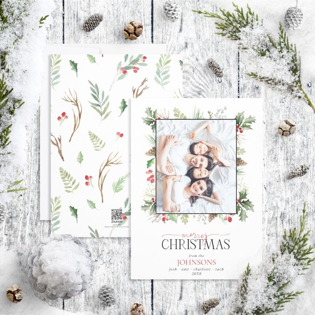 Tarjeta Festiva Forest Berry Pinecone Merry Christmas Photo (Subido por el creador)