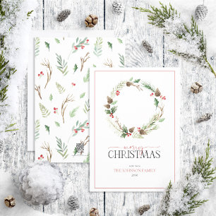 Tarjeta Festiva Forest Berry Pinecone Wreath Merry Christmas