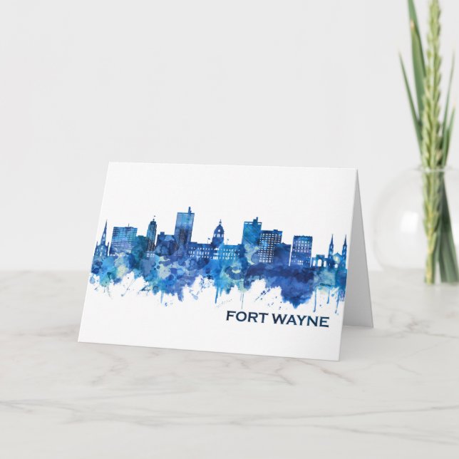 Tarjeta Festiva Fort Wayne Indiana Skyline Blue (Anverso)