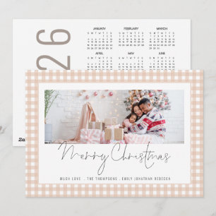 Tarjeta Festiva Foto 2026 Crema del calendario Gingham Feliz Navid