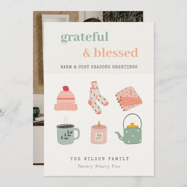 Tarjeta Festiva Foto Acogedora Esencial de Invierno Saludos de Tem (Anverso / Reverso)