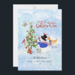 Tarjeta Festiva Foto acuarela Snowman Christmas Tree Deer Bird<br><div class="desc">"Fotografía acuarela Tarjeta navideña para ciervos Snowman, " adorables animales boscosos decoran su árbol navideño juntos mientras cae la nieve. El diseño de la tipografía de escritura roja dice: "Te deseamos una Feliz Navidad". Personalizado tres líneas de texto con sus nombres familiares o mensajes. Arte pintado por la artista y...</div>