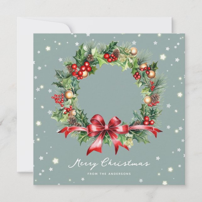 Tarjeta Festiva Foto acuarela Wreath Merry Christmas Card (Anverso)