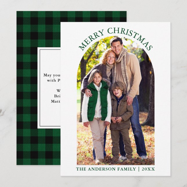 Tarjeta Festiva Foto Arch Merry Christmas Green Plaid (Anverso / Reverso)
