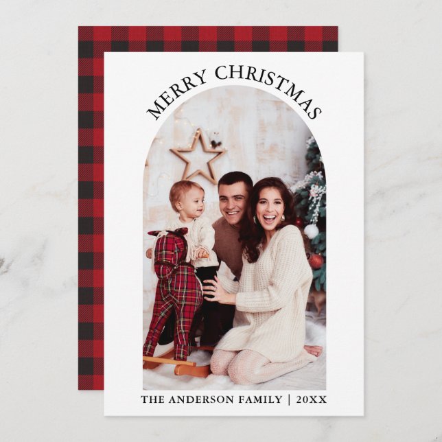 Tarjeta Festiva Foto Arch Merry Christmas Red Plaid Holiday Card (Anverso / Reverso)