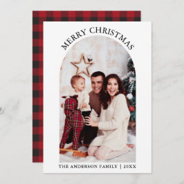 Tarjeta Festiva Foto Arch Merry Christmas Red Plaid Holiday Card