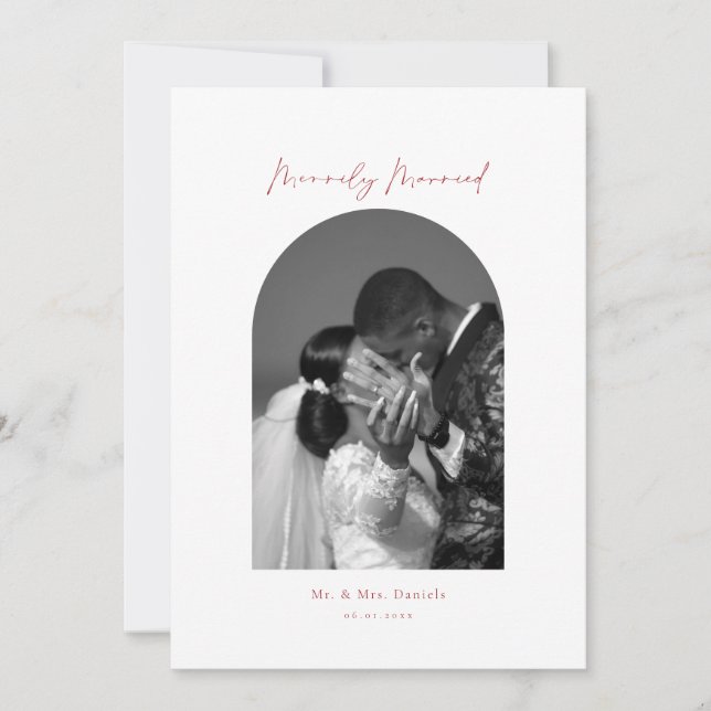 Tarjeta Festiva Foto Arco Mínimo Rojo Merrily Casado (Anverso)