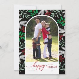 Tarjeta Festiva Foto arqueada Greenery Black Happy Holidays Card