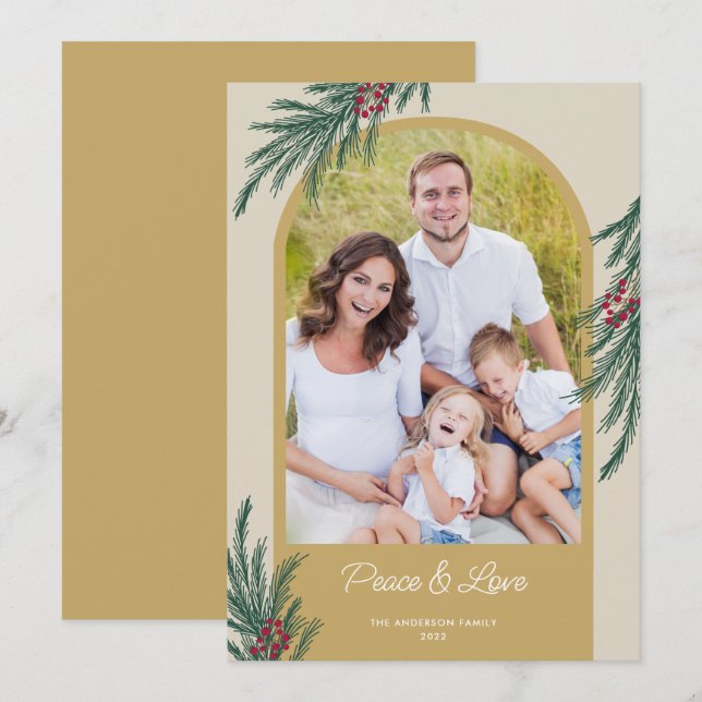 Tarjeta Festiva Foto arqueada Invierno Verdor Paz y Amor (Anverso / Reverso)