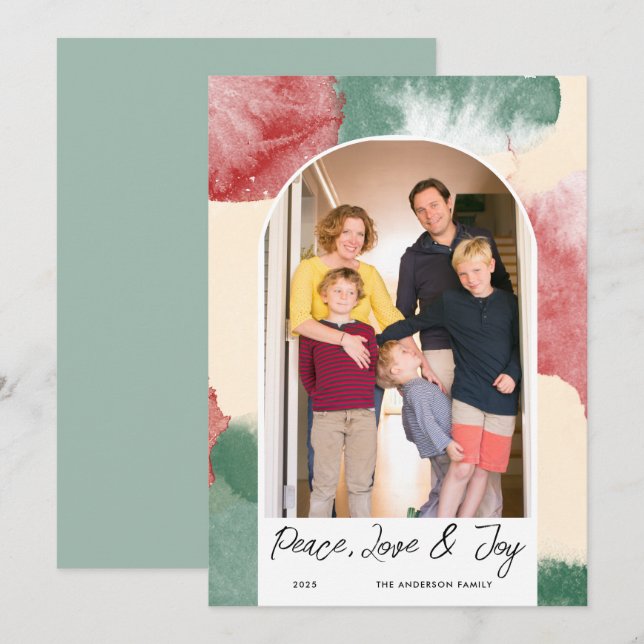 Tarjeta Festiva Foto arqueada Resumen Acuarela Paz Amor y Alegría (Anverso / Reverso)