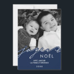 Tarjeta Festiva Foto azul de Joyeux Noël<br><div class="desc">Personalice estas tarjetas modernas y únicas de la foto del navidad con sus imágenes de la familia del favorito y mensaje de encargo.</div>