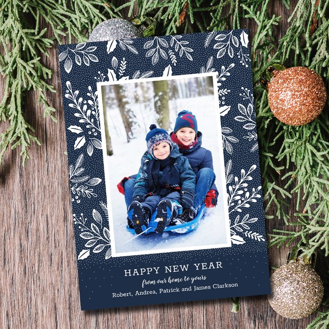 Tarjeta Festiva Foto azul de la Marina de Año Nuevo Feliz (Happy New Year Navy Blue Photo Holiday Cards - Order INSTANT DOWNLOAD and/or PRINTED or both!)