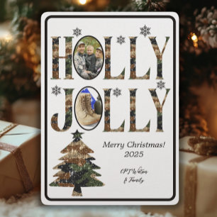 Tarjeta Festiva Foto blanca Camo Holly Jolly Merry Christmas
