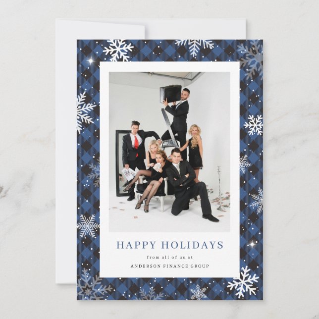 Tarjeta Festiva Foto Blue Plaid Snowflake Corporate Business (Anverso)