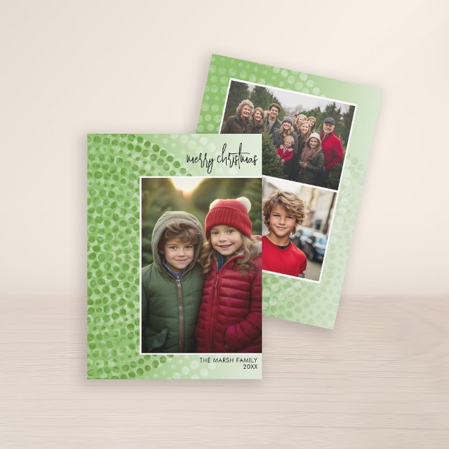 Tarjeta Festiva Foto: Bohemian Dot Circle - Green Funky (3 Photo Christmas Card with Boho Watercolor Pattern - Print and Download Option)
