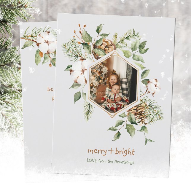 Tarjeta Festiva Foto Botánica de Cotton Merry Bright (Botanical Cotton Merry Bright Photo Holiday Card ©Susanne Sachers - Sunny Mind Design 🌞)
