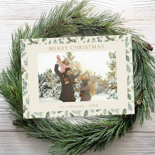 Tarjeta Festiva Foto botánica de Rustic Merry Christmas