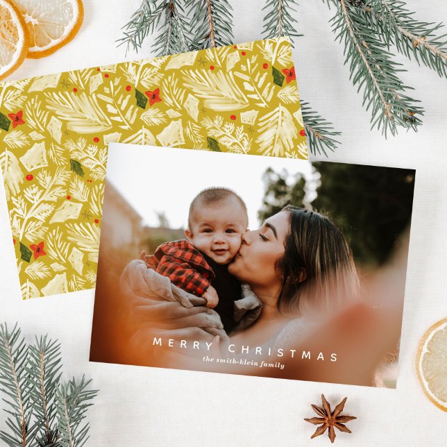 Tarjeta Festiva Foto botánica del festival amarillo (Yellow Festive Botanical Photo Holiday Christmas Card)