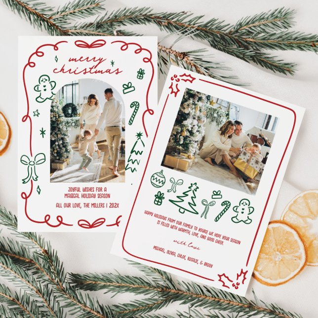 Tarjeta Festiva Foto caprichosa de la familia (Whimsical Hand Drawn Christmas Family Photo Holiday Card)