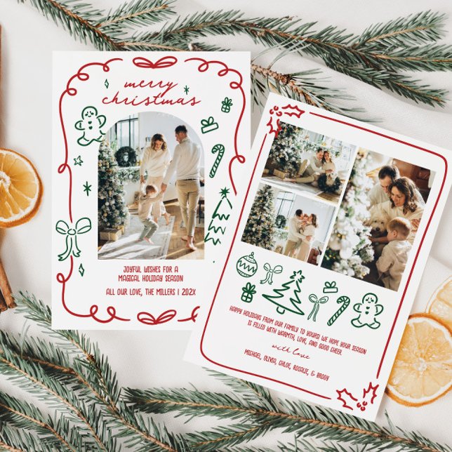 Tarjeta Festiva Foto caprichosa de la familia (Whimsical Hand Drawn Family Photo Christmas Card)