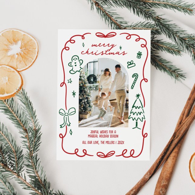 Tarjeta Festiva Foto caprichosa de la familia (Whimsical Hand Drawn Family Photo Christmas Card)