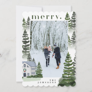 Tarjeta Festiva Foto casera de la familia Merry Winter Evergreen F