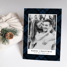 Tarjeta Festiva Foto clásica de cuadros escoceses azul marino