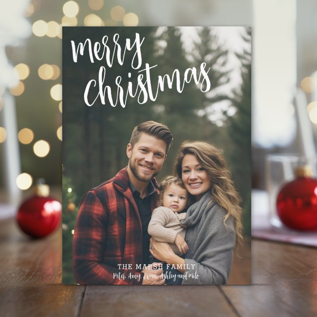 Tarjeta Festiva Foto completa manuscrita Merry Christmas Green Bac (Rustic Modern Christmas Card with 1 large photo)