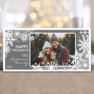 Tarjeta Festiva Foto con borde de copo de nieve - Gris Blanco