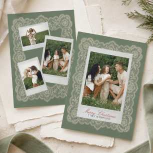 Tarjeta Festiva Foto con borde de encaje verde salvia elegante