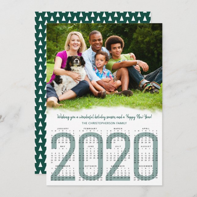Tarjeta Festiva Foto con calendario 2020 Siempreverde Año Nuevo (Anverso / Reverso)