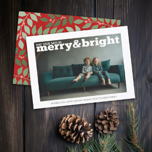 Tarjeta Festiva Foto con enorme Merry & Bright - fondo botánico