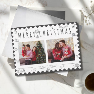 Tarjeta Festiva Foto con garabatos dibujados a mano en blanco y ne