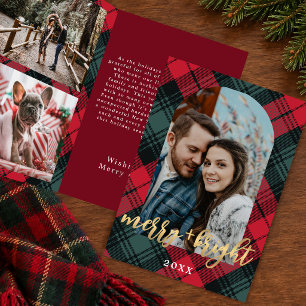Tarjeta Festiva Foto con marco arqueado Plaid Merry and Bright