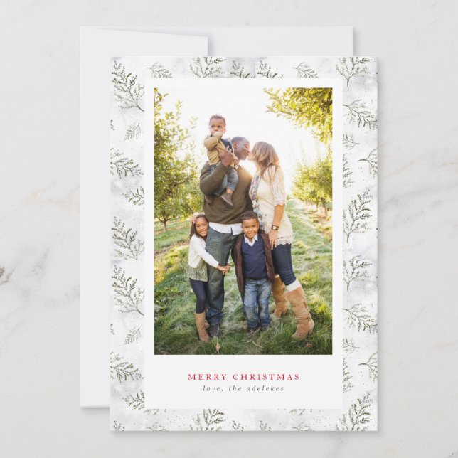 Tarjeta Festiva Foto con marco verde y blanco de nieve y hojas (Anverso)