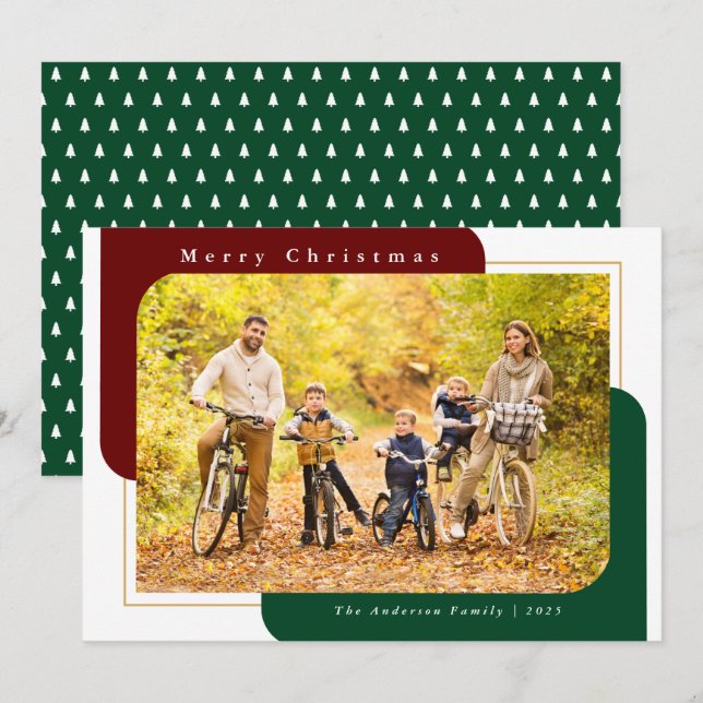 Tarjeta Festiva Foto curvada moderna de Navidades rojos y verdes (Anverso / Reverso)
