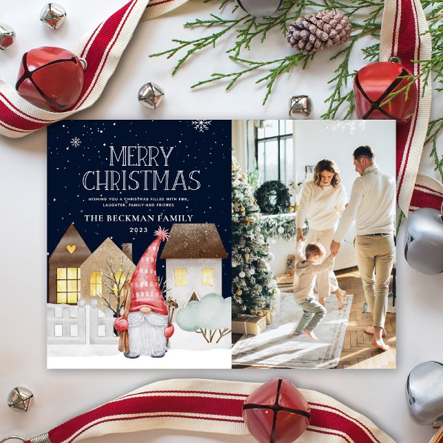 Tarjeta Festiva Foto Cute Gnomes Winter Snow Merry Christmas (Photo Cute Gnomes Winter Snow Merry Christmas Holiday Card)