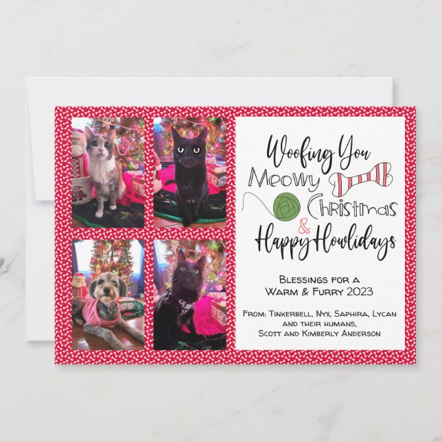 Tarjeta Festiva Foto de 4 Mascotas, Woofing, Meowy, Howliday (Anverso)