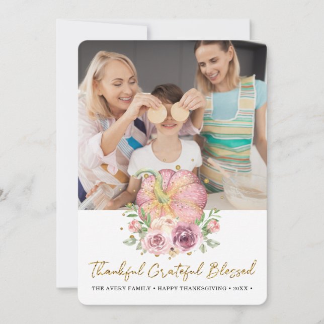 Tarjeta Festiva Foto de Acción de Gracias Calabaza Rosa (Anverso)