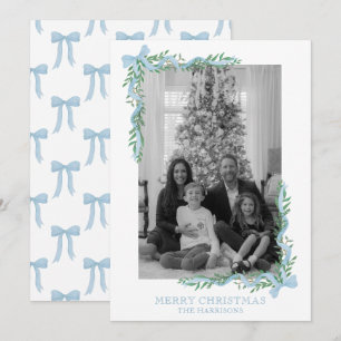 Tarjeta Festiva Foto de acuarela Blue Bow Garland