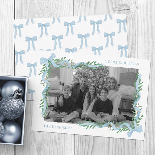 Tarjeta Festiva Foto de acuarela Blue Bow Garland