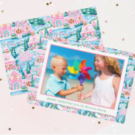 Tarjeta Festiva Foto de aldea de Navidades precoces rosas y azules