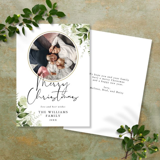 Tarjeta Festiva Foto de anillo de oro con verdor navideño (Merry Christmas Greenery Gold Ring Photo Holiday Card)