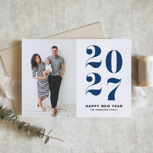 Tarjeta Festiva Foto de Año Nuevo 2027 con tipografía Negrita Azul
