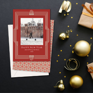 Tarjeta Festiva Foto de Año Nuevo Art Deco Oro Rojo