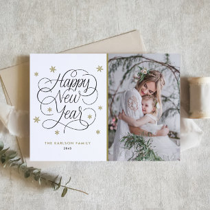 Tarjeta Festiva Foto de Año Nuevo con Caligrafía Caprichosa de Cop